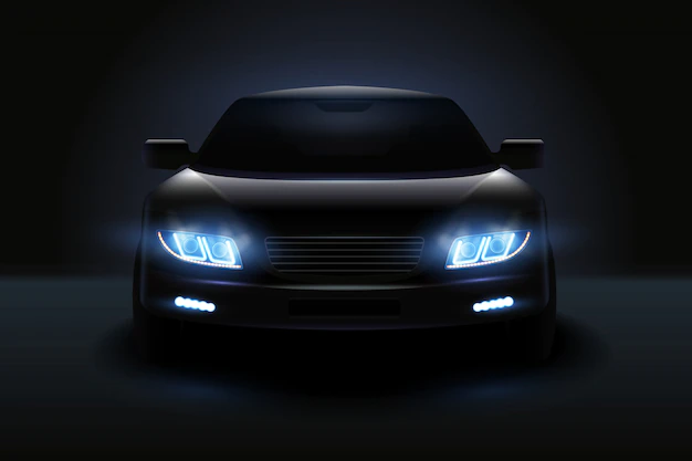 Free Vector | Car led lights realistic composition with dark silhouette of automobile with dimmed headlights and shadows illustration