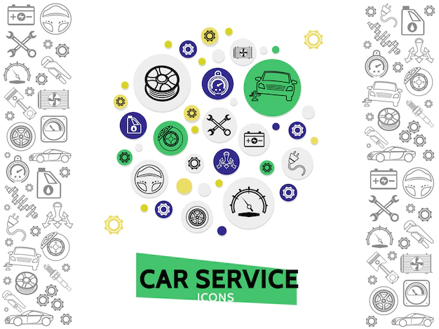 Free Vector | Car repair and service template with wrenches automobile tire radiator gears brake disc steering wheel