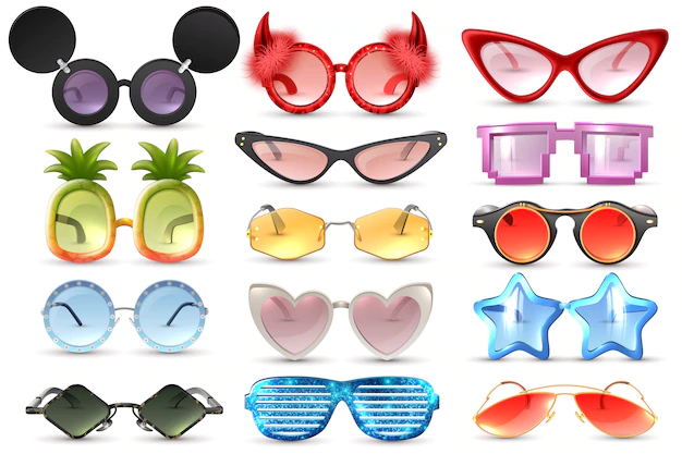 Free Vector | Carnival party masquerade costume glasses heart star cat eye shaped funny sunglasses realistic set isolated vector illustration