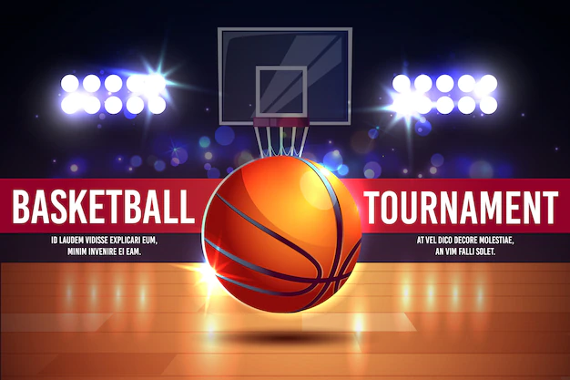 Free Vector | Cartoon ad poster, banner with basketball tournament - shining ball on a court.