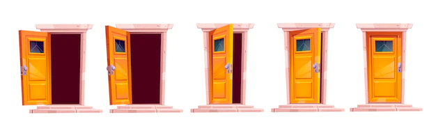 Free Vector | Cartoon door closing motion sequence animation. open slightly ajar and close wooden doorways with stone stairs and darkness inside