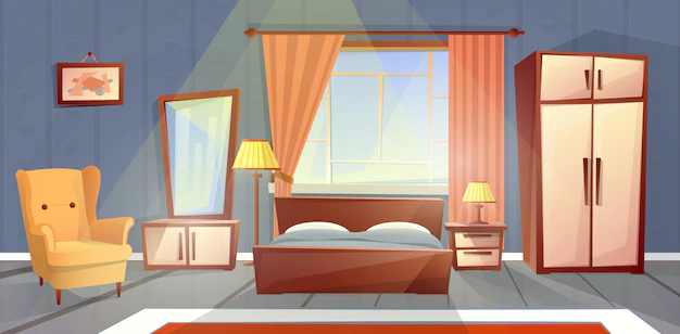 Free Vector | Cartoon interior of cozy bedroom with window. living apartment with furniture