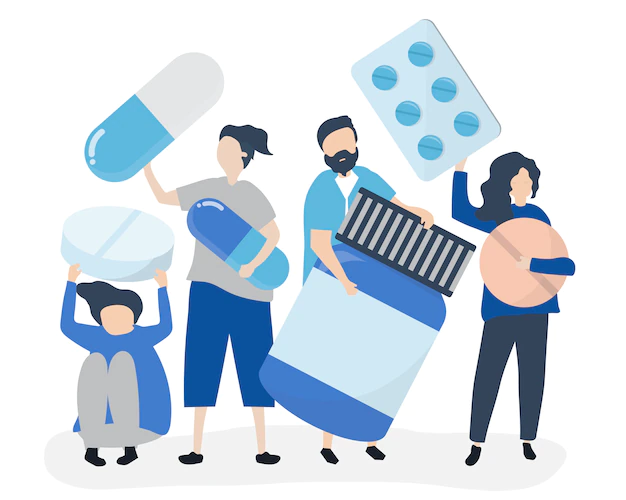 Free Vector | Characters of people holding pharmaceutical icons