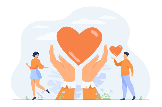 Free Vector | Charity and donation concept. hands of volunteers holding and giving heart.