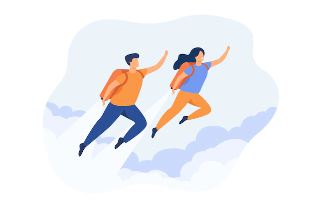 Free Vector | Cheerful couple boosting with jet pack isolated flat illustration.