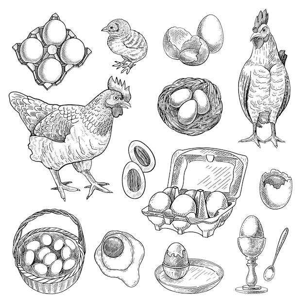 Free Vector | Chicken farm products sketches set