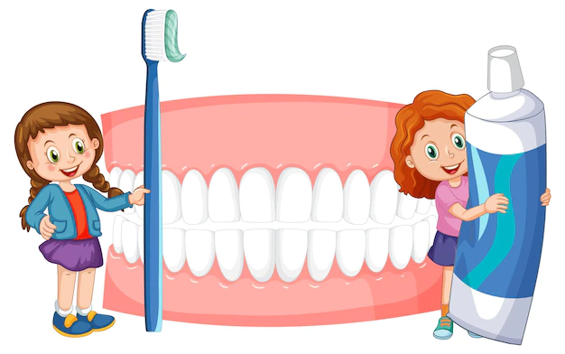 Free Vector | Children holding toothpaste and toothbrush with whiten teeth on