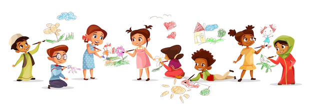 Free Vector | Children of different nationality drawing pictures with chalk pencils illustration