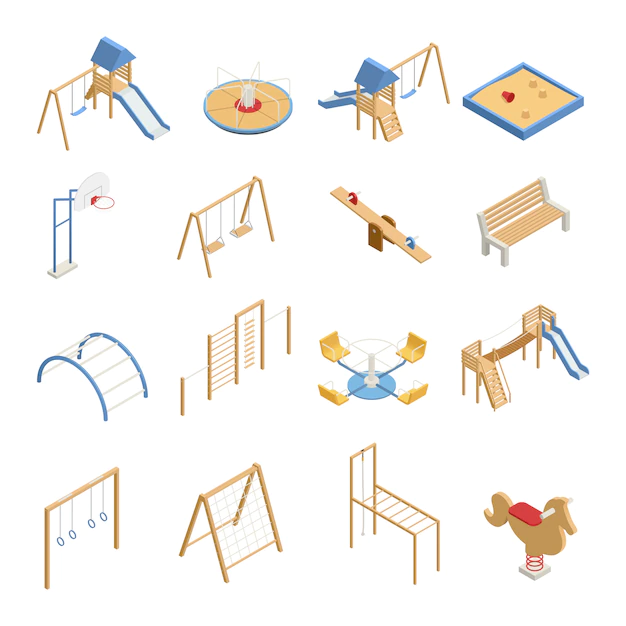 Free Vector | Children playground set of isometric icons with swings, slides, basketball hoop, sandbox, climbing frames isolated