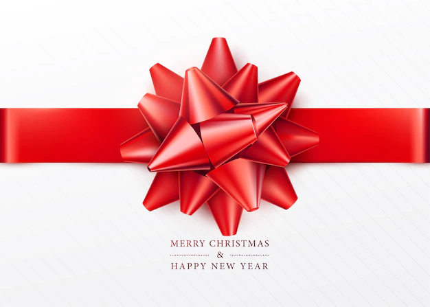 Free Vector | Christmas background. white gift box with red bow and ribbon. top view. greeting text sign. merry xmas and happy new year.