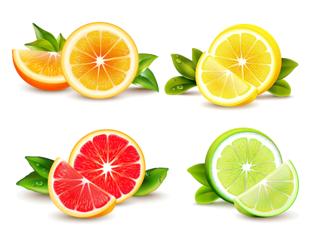 Free Vector | Citrus fruits halves and quarter wedges 4 realistic icons square with orange grapefruit lemon isolat