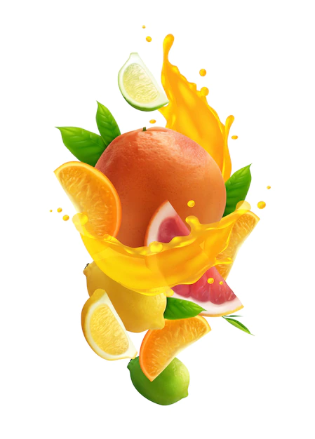 Free Vector | Citrus juice colored composition with realistic fresh fruits and splash of juice on white background