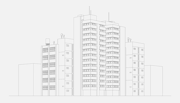 Free Vector | City architecture apartment building block with tower and skyscraper linear sketch vector illustration