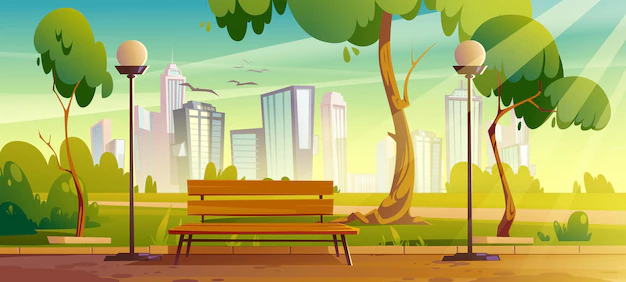 Free Vector | City park with green trees and grass, wooden bench, lanterns and town buildings on skyline.