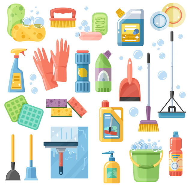 Free Vector | Cleaning suppliestools flat icons set