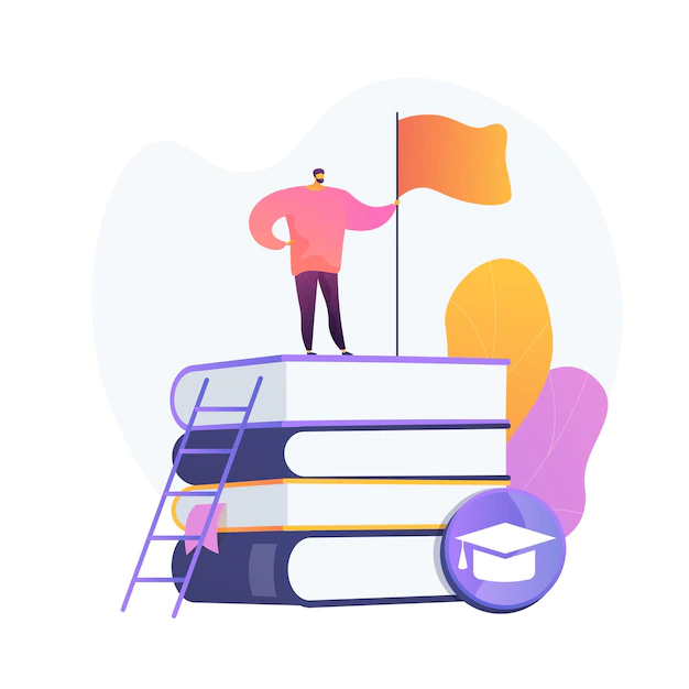 Free Vector | Clever man, student standing on books stack with flag. self learning, personal improvement, knowledge obtaining. educational achievement.