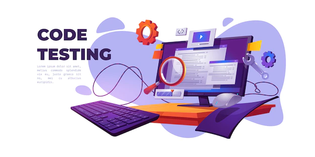 Free Vector | Code testing cartoon banner. functional test, methodology of programming, search errors and bugs, website platform development, dashboard usability optimization for computer pc vector illustration
