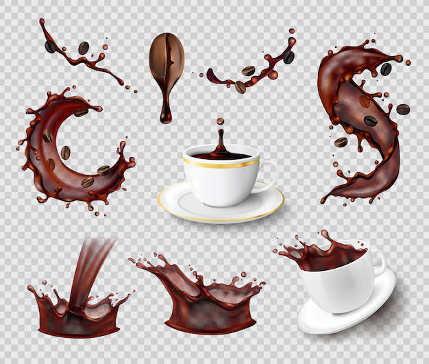 Free Vector | Coffee splashes realistic set of isolated liquid spray coffee bean and ceramic cups on transparent