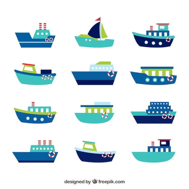 Free Vector | Collection of blue boats with green and red details