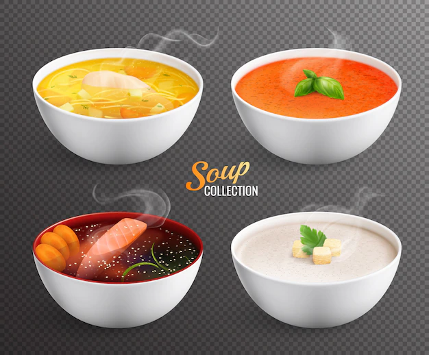 Free Vector | Collection of four bowls with hot soup and soup puree with greenery rusks and decorations isolated