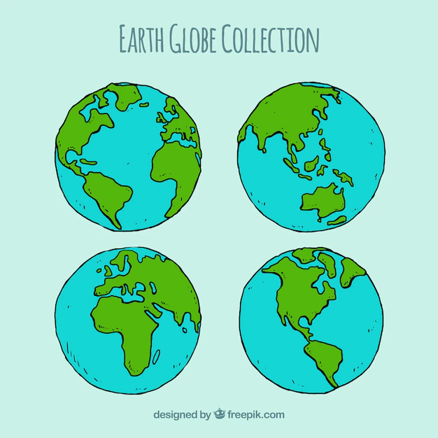 Free Vector | Collection of four earth globes in hand-drawn style