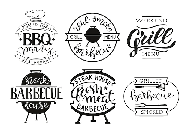 Free Vector | Collection of hand drawn text of grilled food, sausages, chicken, french fries, steaks, fish