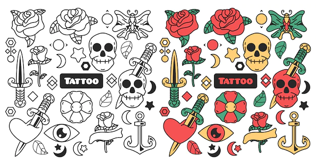 Free Vector | Collection of tattoo color and monochromatic doodles, set tattoo line art