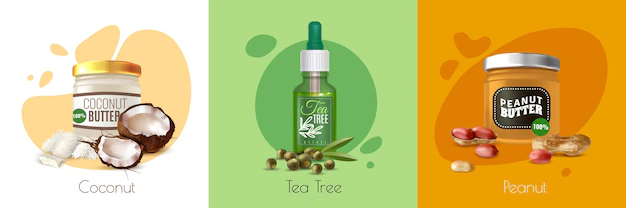 Free Vector | Colored realistic oil product  with coconut tea tree and peanut bottles of oil