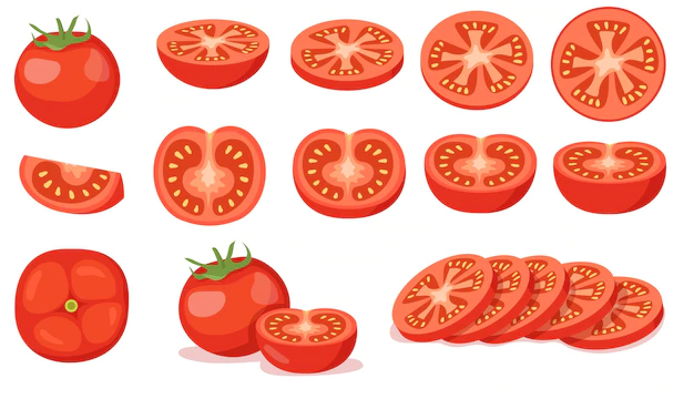 Free Vector | Colorful set of cut and full red tomatoes. cartoon illustration