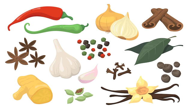 Free Vector | Colorful spicy spices and vegetables flat item set