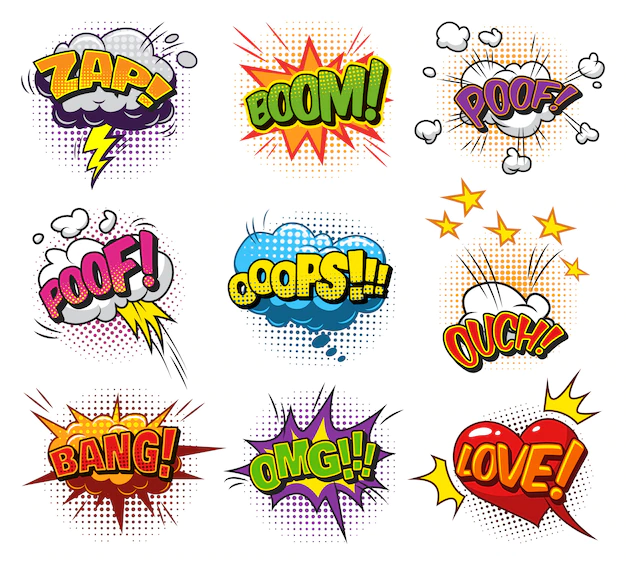 Free Vector | Comic bright speech bubbles set with colorful wordings clouds and halftone humor effects