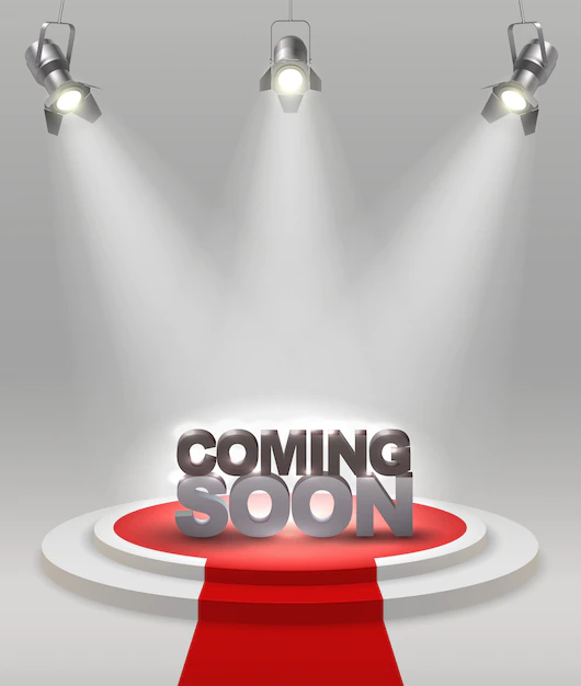 Free Vector | Coming soon colored composition on stage with red carpet that spotlights illuminate vector illustration