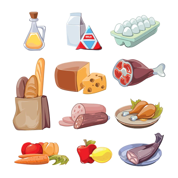 Free Vector | Common everyday food products. cartoon clipart set provision, cheese and fish, sausagesand milk