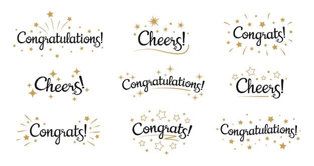 Free Vector | Congrats lettering. congratulation text labels, cheers sign decorated with golden burst and stars and congratulations