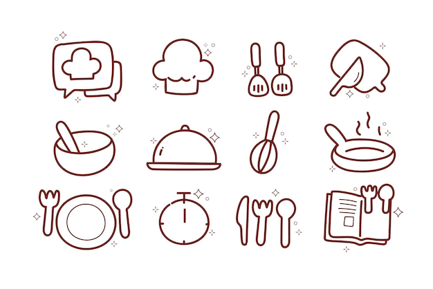 Free Vector | Cooking doodle icons kitchen utensils line food restaurant logo