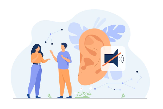 Free Vector | Couple of deaf people talking with hand gestures, huge ear and mute sign in background. vector illustration for hearing loss, communication, sign language concept
