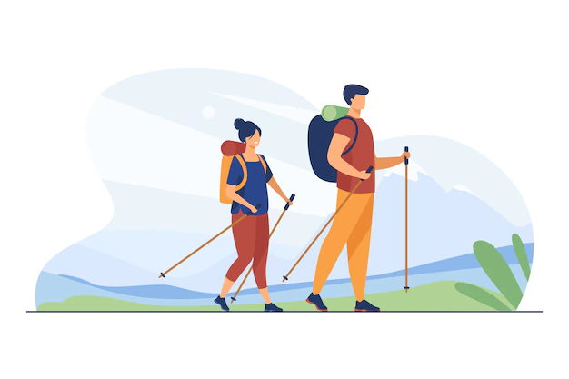 Free Vector | Couple with backpacks walking outdoors. tourists with nordic poles hiking in mountains flat vector illustration. vacation, travel, trekking concept
