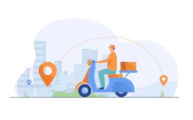Free Vector | Courier shipping package at moped flat illustration