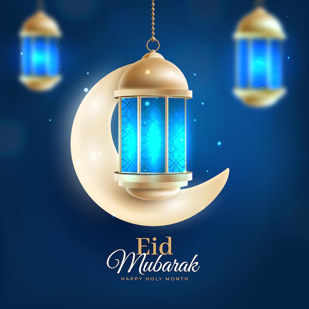 Free Vector | Crescent moon and blue light realistic eid mubarak