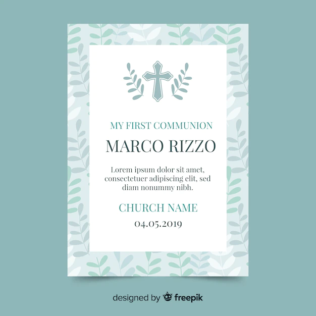 Free Vector | Cross with leaves first communion invitation
