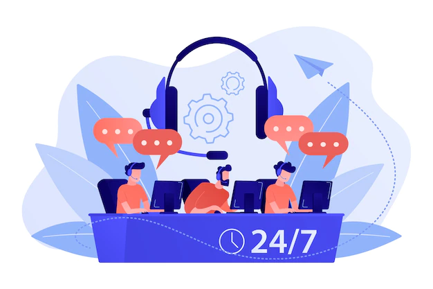 Free Vector | Customer service operators with headsets at computers consulting clients 24 for 7. call center, handling call system, virtual call center concept illustration