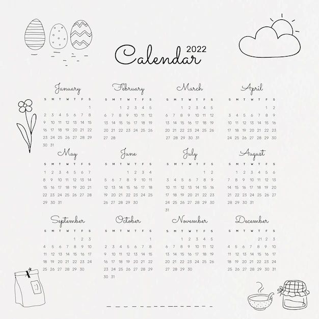 Free Vector | Cute 2022 monthly calendar template, minimal doodle illustration vector