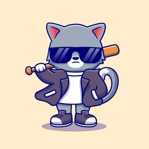 Free Vector | Cute bad cat wearing suit and sunglasses with baseball bat cartoon icon illustration. animal fashion icon concept isolated  . flat cartoon style