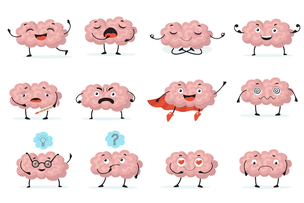 Free Vector | Cute brainy character expression flat icon set. cartoon brain with emotions  isolated vector illustration collection. brainpower, mind and intelligence concept