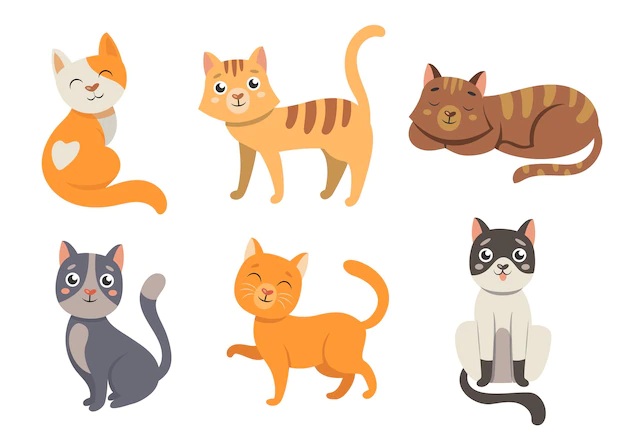 Free Vector | Cute cat cartoon characters illustrations set. cats with heart shaped noses, happy fluffy kittens smiling, orange and grey kitties sitting on white