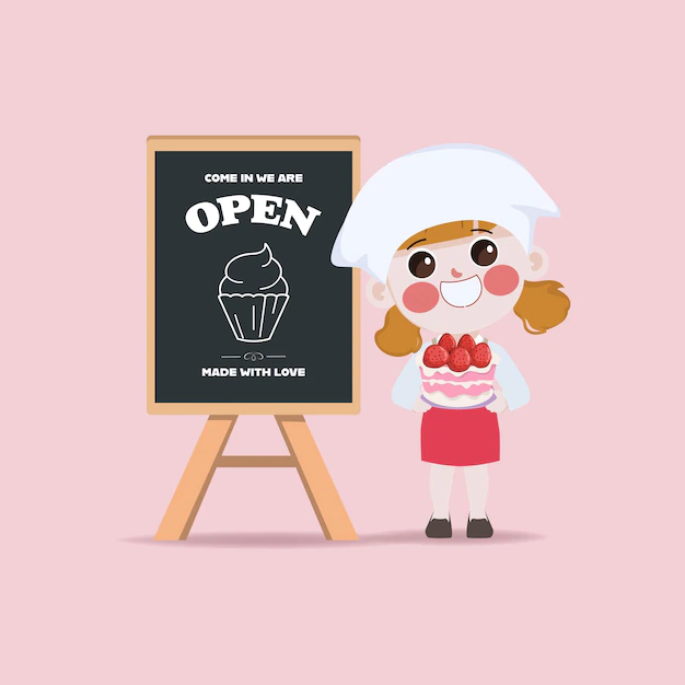 Free Vector | Cute chef with cake standing at blackboard sign restaurant clipart cartoon character