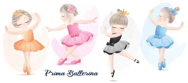 Free Vector | Cute girl with ballerina watercolor illustration set