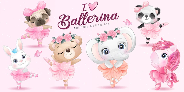 Free Vector | Cute little animals ballerina with watercolor illustration set