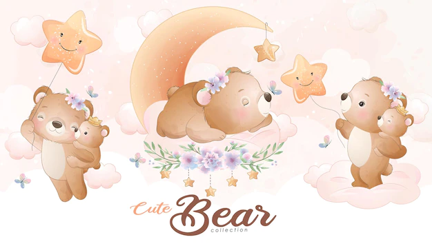Free Vector | Cute little bear with watercolor illustration set