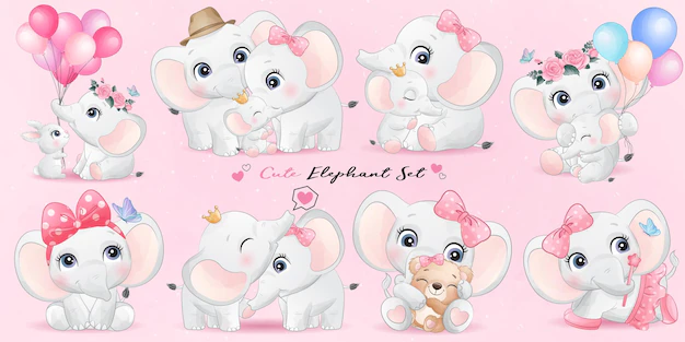 Free Vector | Cute little elephant life with watercolor illustration set
